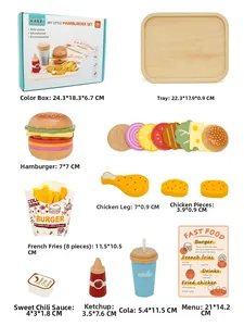 Dimensions détaillées du set de jeu burger en bois avec frites et menu