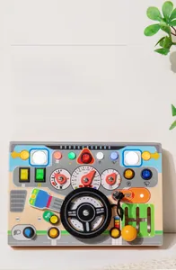 Close-up of wooden Montessori steering wheel toy with colorful LED switches and gears