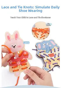 Detailed view of child hand threading rope through wooden animal board for fine motor skills