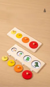 Vista macro del puzzle in legno Montessori con stadi di crescita dei dinosauri e cilindri