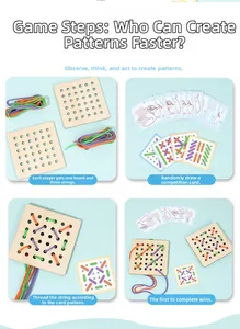 Educational wooden lacing board set showing gameplay steps for fine motor skill training
