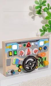 Detailed wooden busy board cockpit with steering wheel and gear shift for fine motor skills