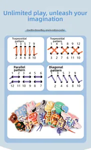 Educational animal threading toy set showing lacing patterns for motor skill development
