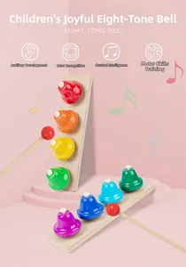 Close-up of 8-note rainbow metal bells with wooden bases and two wooden mallets