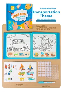 Flat lay of transportation water coloring book set with magic pen and interactive cards