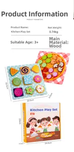 Detail of wooden pizza and cookie play set with dimensions and packaging info