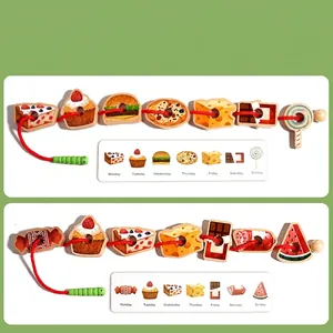 Wooden caterpillar lacing toy set with food blocks and sequencing task cards for kids