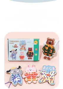 Detailed view of 4 animal wooden lacing cards with colorful strings for fine motor skills