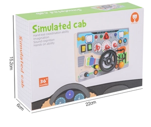 Detailed view of the packaging box showing dimensions for the wooden steering wheel toy
