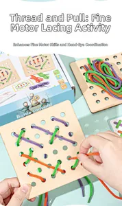 Close-up of children's hands threading colorful nylon ropes through a wooden battle lanyard board