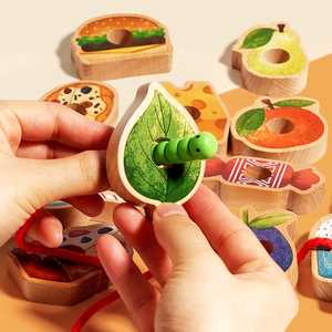 Wooden caterpillar lacing toy set with realistic food shapes for toddlers' motor skills