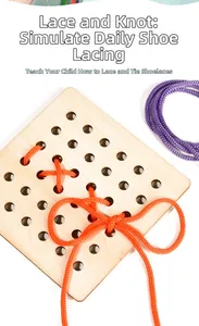 Detail of wooden threading board with orange rope forming a bow for fine motor skills