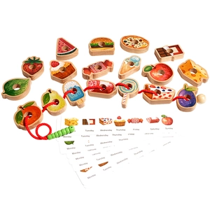 Wooden caterpillar threading beads game with food shapes and educational weekday cards