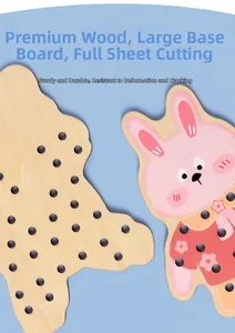 Detail of laser-cut wooden threading board toy with a cute rabbit shape for kids