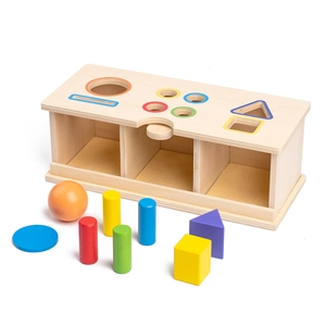 Montessori wooden shape sorting box with colorful geometric blocks for toddlers