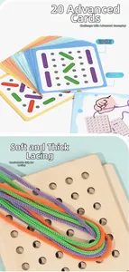 Detail of Montessori wooden lacing board with thick colorful ropes and 20 pattern cards