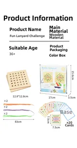 Detailed specs of wooden lacing board toy with 83cm ropes and task cards for toddlers