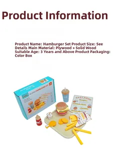 Vue détaillée du set de jouets hamburger en bois pour enfants avec frites et boîte