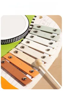 Close-up of wooden musical toy with colorful metal keys, drum, and wooden mallet for children