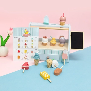 Wooden kids ice cream shop toy set with colorful scoops, cones and a blue display stand
