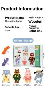 Macro shot of wooden animal lacing boards for fine motor skills training in a gift box