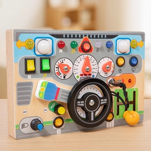 Wooden Montessori busy board toy featuring a steering wheel and manual gear shifter