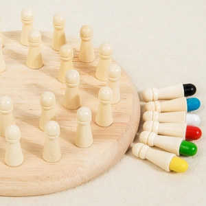 Wooden memory chess game set with colorful pegs on a natural round timber base