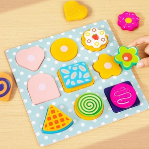 Wooden dessert puzzle toy set with macaron shapes and velcro dots for early learning