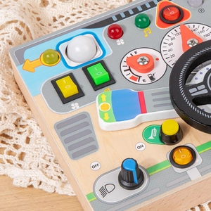 Educational wooden busy board toy with dashboard design and mini steering wheel
