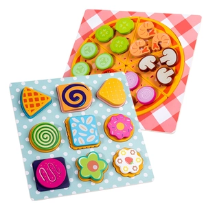 Wooden toy pizza and cookie puzzle set for toddlers featuring realistic food shapes