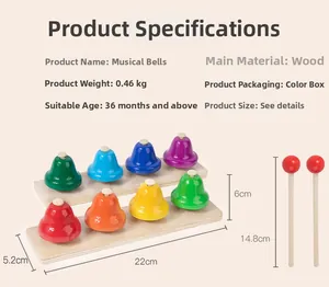 Rainbow 8-note hand bell set for kids with wooden base and detailed size dimensions