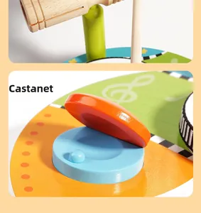 Detailed close-up of colorful wooden castanets for children with music note patterns