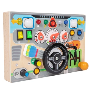 Wooden steering wheel busy board toy with dashboard and various controls for toddlers