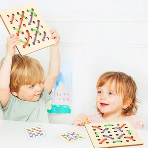 Kids wooden threading boards game with colorful cords for fine motor skills training