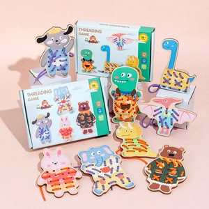 Wooden Cartoon Animal Dinosaur Threading Board Game Educational Montessori Fine Motor Skills Training Early Learning Toy For Kids
