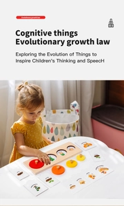 Bambino esplora le carte del ciclo di vita con base in legno e pezzi colorati