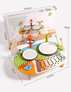 Detailed view of wooden music activity table with packaging and product dimensions