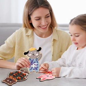 Wooden animal lacing toy for toddlers fine motor skills with mother and child