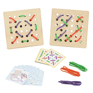 Educational wooden lacing board toy set with colorful ropes and logic challenge cards