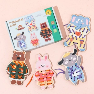 Educational animal threading game for kids including wooden elephant bear and rabbit toy