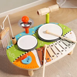 Wooden 6-In-1 Musical Table Toy For Kids Percussion Instrument Set With Drums Xylophone Wind Chimes Early Learning Music Gift