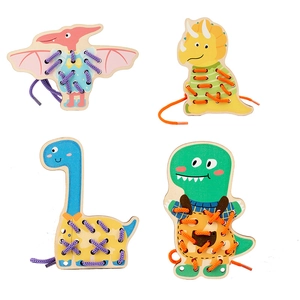 4-pack wooden dinosaur lacing toy set for kids fine motor skills development