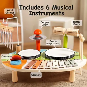 6-in-1 wooden music table for kids with drum, xylophone and wind chimes on a cozy carpet