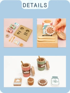 Dettaglio del set da caffè in legno per bambini con tazze, cucchiai e biscotti finti