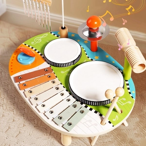 7-in-1 wooden music activity table for kids with drums, xylophone and wind chimes