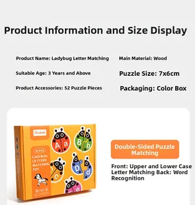 Detailed view of the wooden ladybug alphabet puzzle cards with size and piece count info