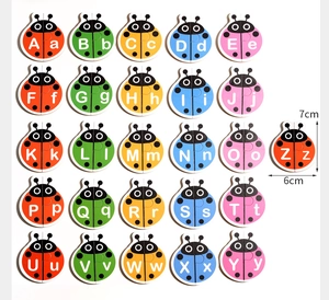Detailed view of 26-piece ladybug letter matching cards with dimension markings