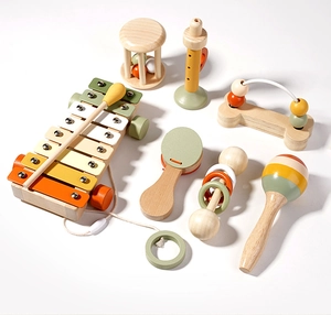 Detail of Montessori wooden musical instruments set with xylophone and rattles in Morandi tones