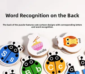 Close-up of double-sided educational puzzle cards with alphabet and animal illustrations