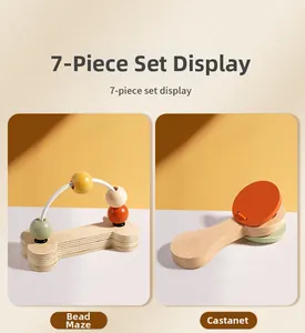 Detail showing wooden bead maze and castanet from a 7-piece Montessori baby toy set